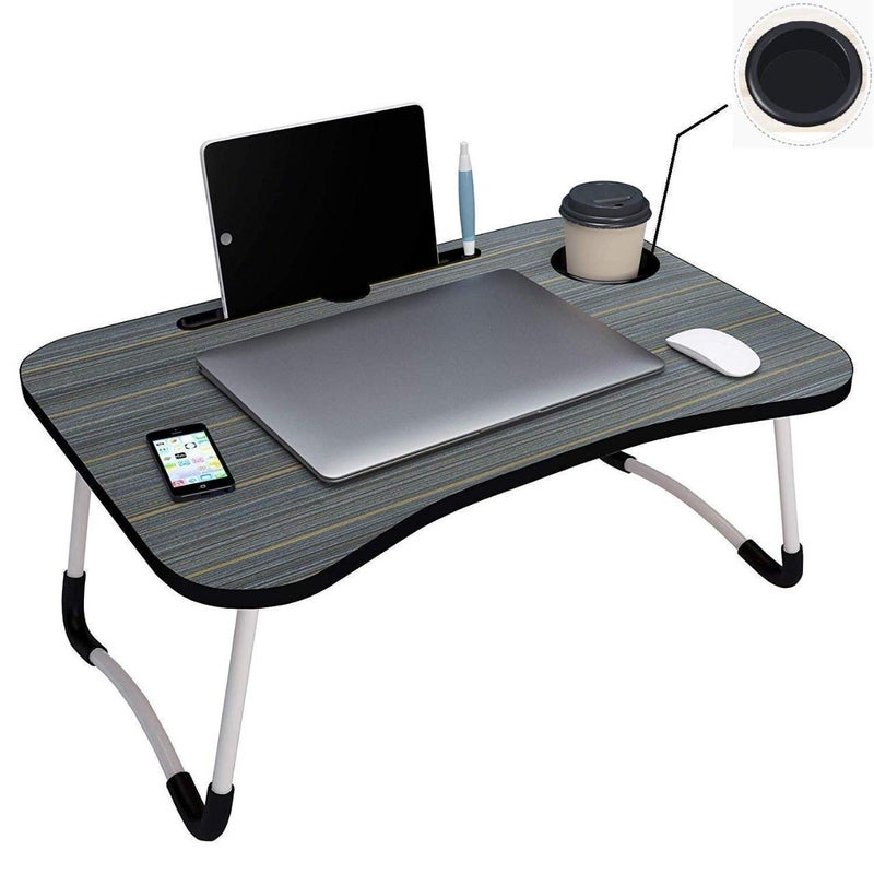LANKESH ENTERPRISE Foldable Wooden Laptop Bed Tray Table Multifunction Lap Tablet Desk with Cup Holder Perfect for Eating Breakfast Reading Book Working Watching Movie On Bed LAPTOP TABLEBLACK - Image 1