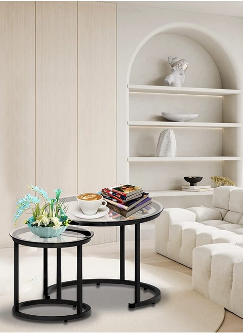 Simple Oriental Coffee Tables with Creative Clear Glass Desktop 2 Nesting Table Set for Living Room