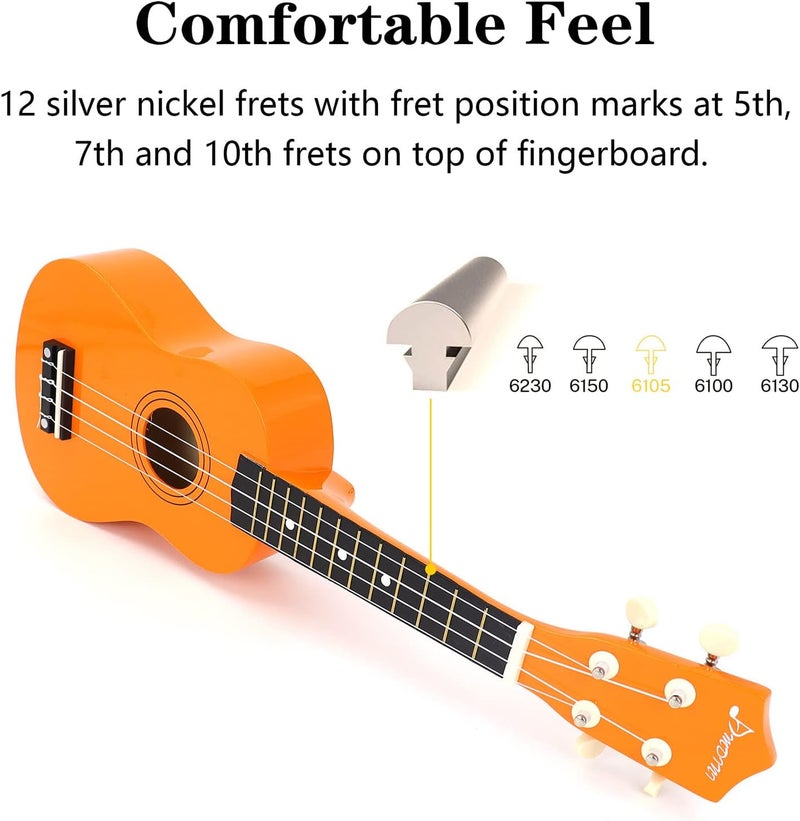 Amdini 21 Inch Ukulele for Beginners Basswood Soprano Ukelele Kit for Kids Adult Student Starter Mini Guitar Ukalelee Pack Bundle with Book Gig Bag Tuner Strap Picks Nylon Strings (Orange) - Image 5