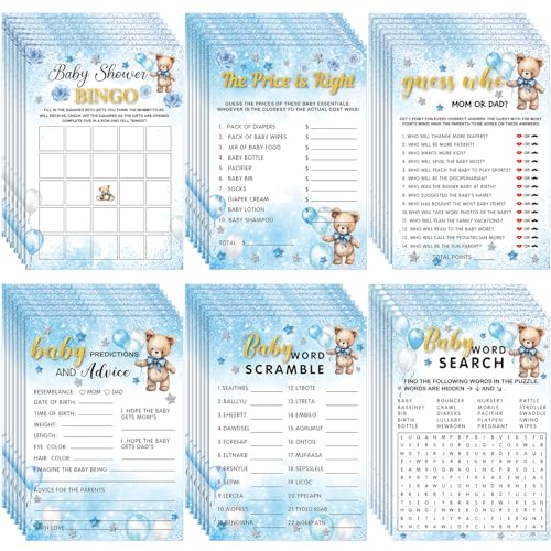 Jetec 302 Pcs Bear Baby Shower Games Set 6 Games Include Baby Shower Word Scramble Word Search Predictions and Advice the Price is Right Guess Mom or DadBlue Bear - Image 1