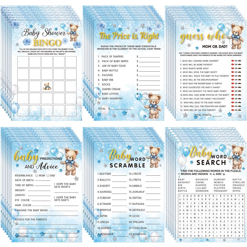 Jetec 302 Pcs Bear Baby Shower Games Set 6 Games Include Baby Shower Word Scramble Word Search Predictions and Advice the Price is Right Guess Mom or DadBlue Bear - Image 2