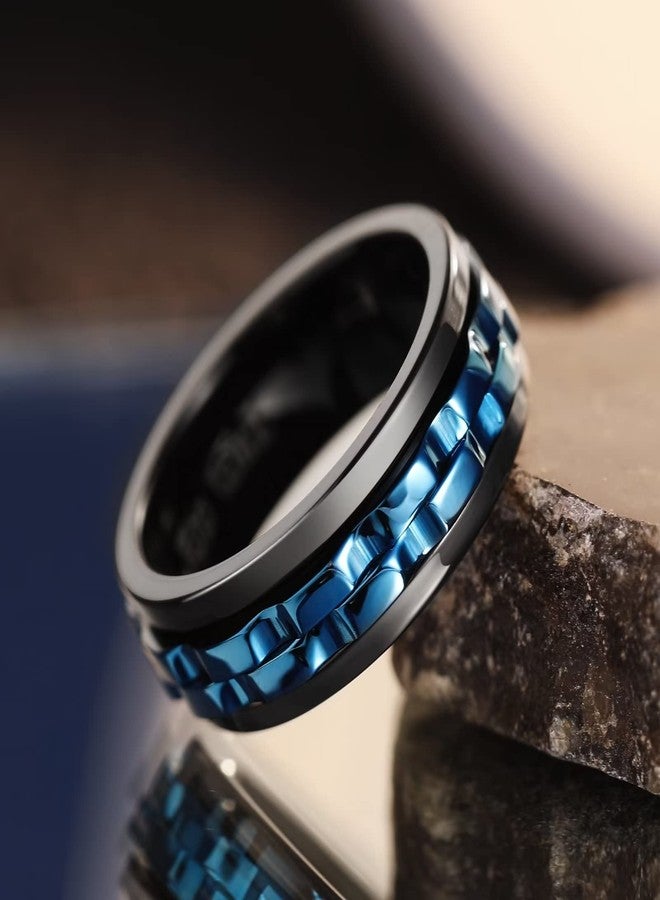 King Will 316L Stainless Steel Spinner Ring for Men-8mm Black Fidget Spinner Ring in Blue Gear, Anxiety Relief and Stress Free Wedding Band Comfort Fit Size 12 - Image 3