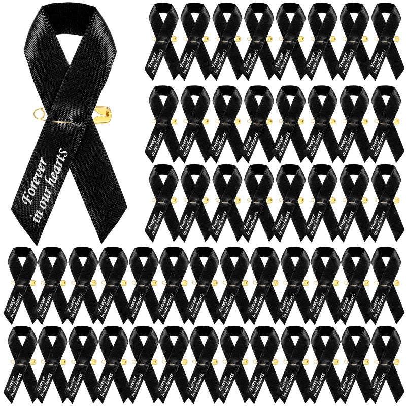 50 Pcs Funeral Ribbons Memorial Ribbon Funeral Pins Classic Memorial Service Respect Meditation Personalized Ribbon Bow with Safety Pins for Mourning Remembrance Day Funeral Event Black