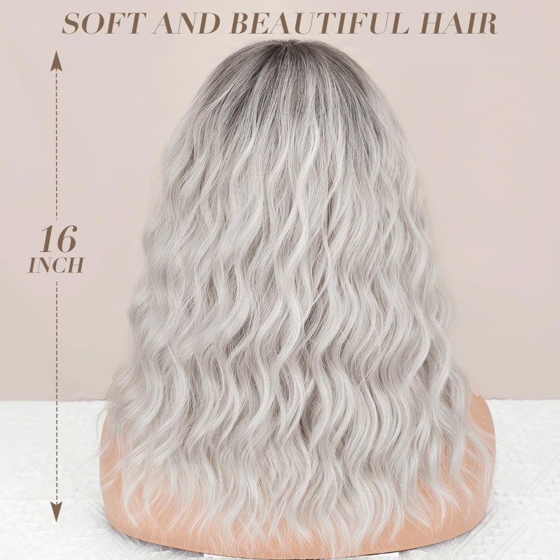 Nnzes Ombre Silver Wig with Bangs for Women White Bob Wavy Charming Synthetic Wigs with Natural Shoulder Length Curly Heat Resistant Hair for Daily Party Use - Image 3