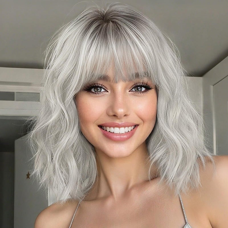 Nnzes Ombre Silver Wig with Bangs for Women White Bob Wavy Charming Synthetic Wigs with Natural Shoulder Length Curly Heat Resistant Hair for Daily Party Use - Image 1