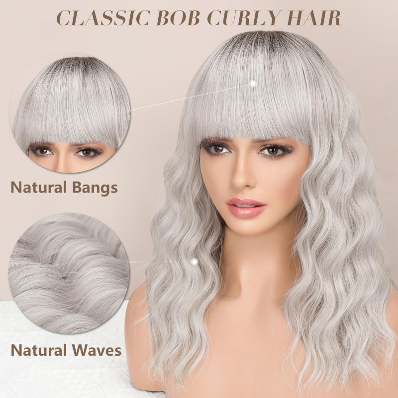 Nnzes Ombre Silver Wig with Bangs for Women White Bob Wavy Charming Synthetic Wigs with Natural Shoulder Length Curly Heat Resistant Hair for Daily Party Use - Image 2