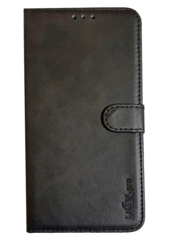 Infinix Smart 6 Flip Wallet Case PU Leather with Card Holder, Kickstand, Shockproof Phone Cover - Black - Image 1