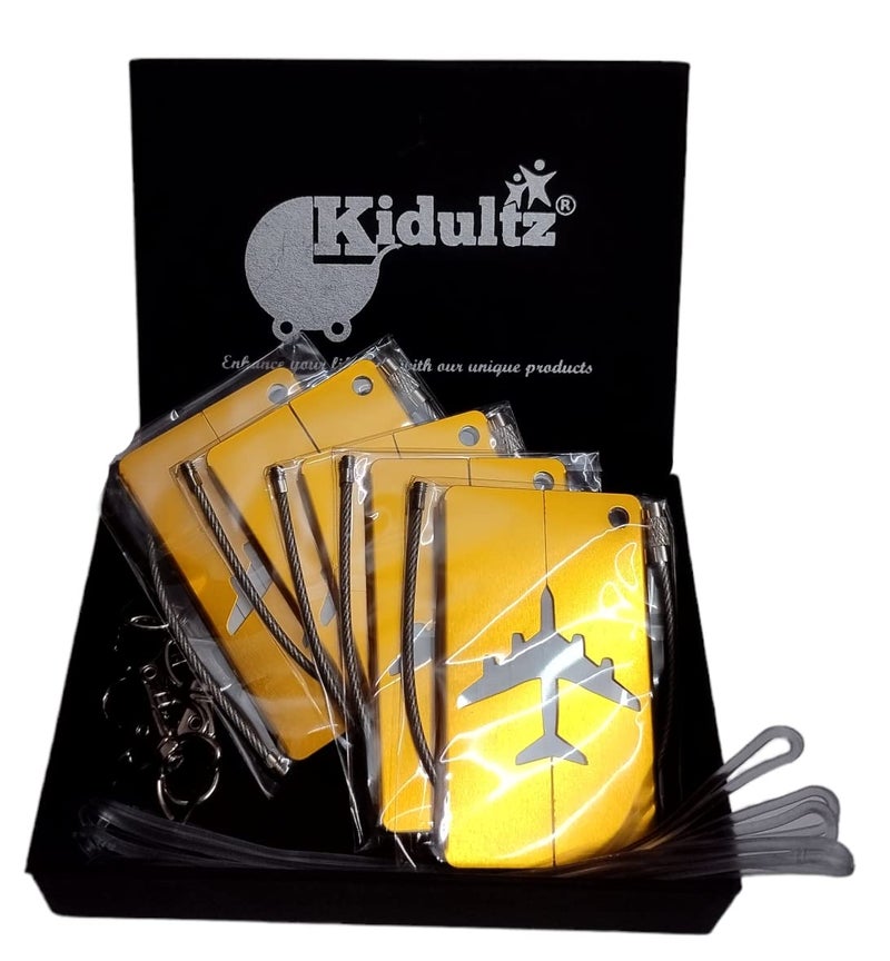 Kidultz علامات أمتعة معدنية من سبائك الألمنيوم Kidultz مع أشرطة مقبض بحلقة ستانلس ستيل مضادة للكسر لتحديد الهوية - مجموعة من 5 (ذهبي) - Image 1