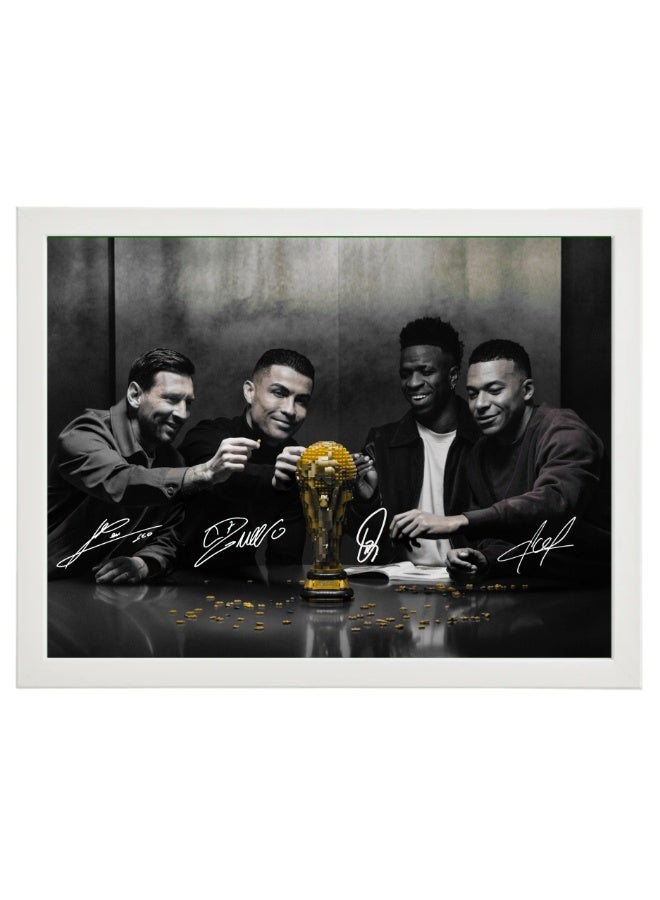 Messi Ronaldo Mbappé Vinícius Jr Printed Autograph Framed Poster 30x40cm – World Cup Trophy Football Legends Wall Art – Soccer Memorabilia Gift