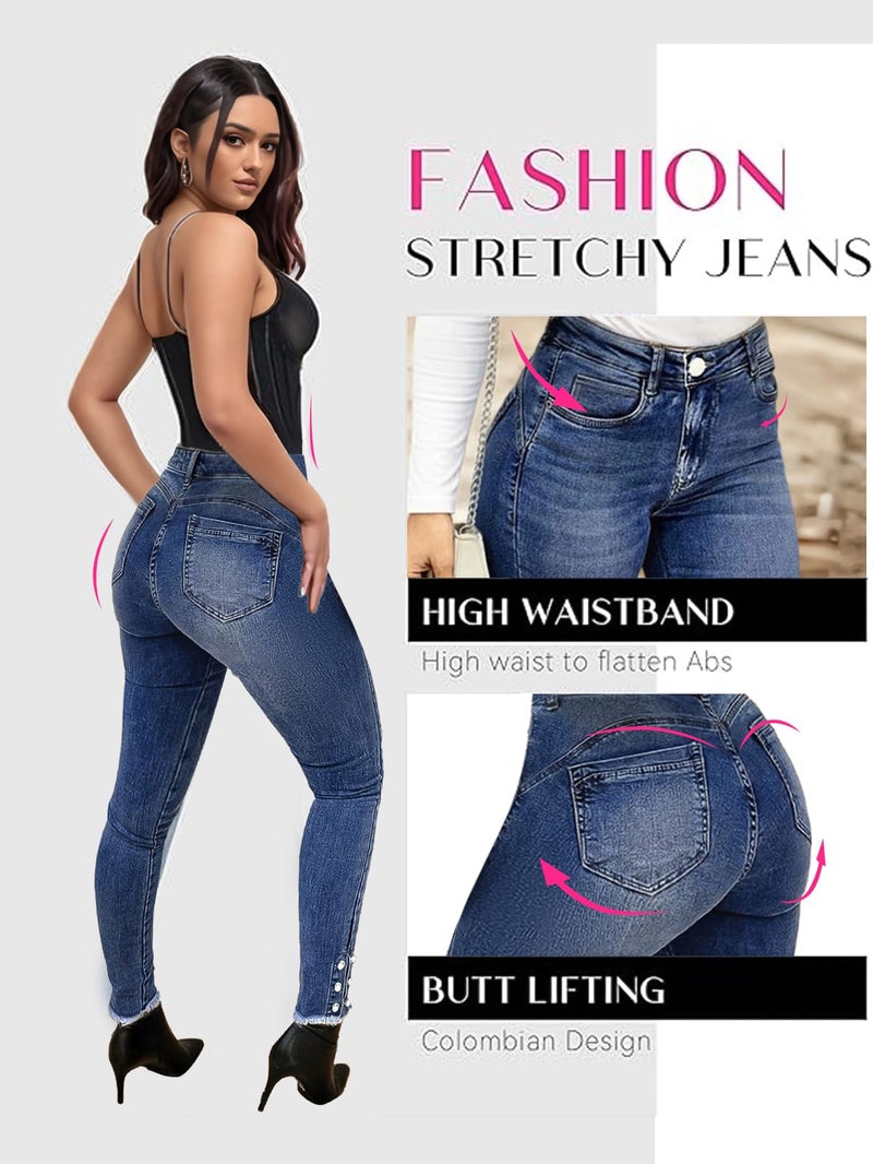 Flamingals Women's High Waist Butt Lifting Skinny Jeans Tummy Control Boot Cut Jeans Women Navy Blue L - Image 3