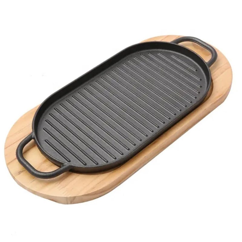 Fajita Skillet Striped Oval Cast Iron With Two Handle Grill Pan (30 * 16cm)
