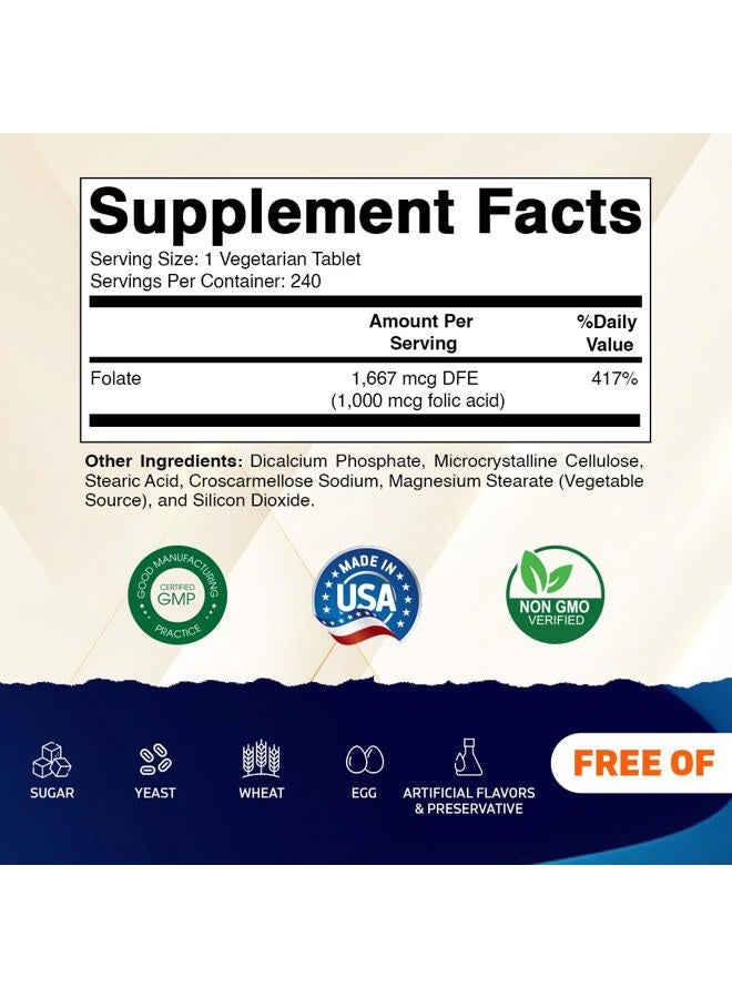 Vitamatic Folic Acid 1000 mcg (1 mg) - Vegetarian Tablets - 1667 mcg DFE - Vitamin B9 (240 Count (Pack of 2)) - Image 2