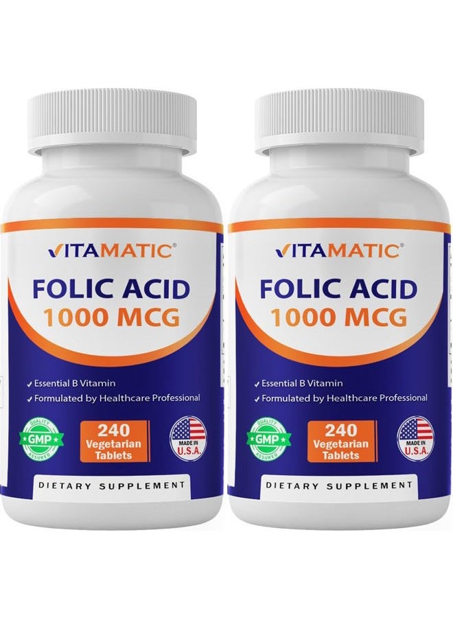 Vitamatic Folic Acid 1000 mcg (1 mg) - Vegetarian Tablets - 1667 mcg DFE - Vitamin B9 (240 Count (Pack of 2)) - Image 1