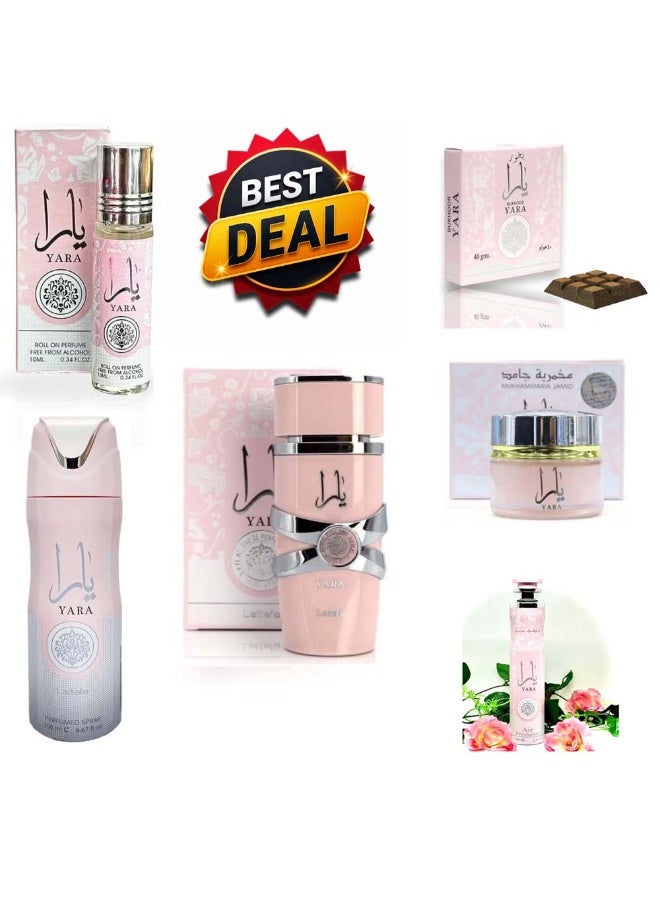 Yara Combo Pack of 5, Yara for Eau de Parfum Spray 100ml, Yara Deodorant 200ml, Yara Air Freshener 300ml, Yara Roll on 10ml, Yara Mukhammaria Jamid Cream 20g