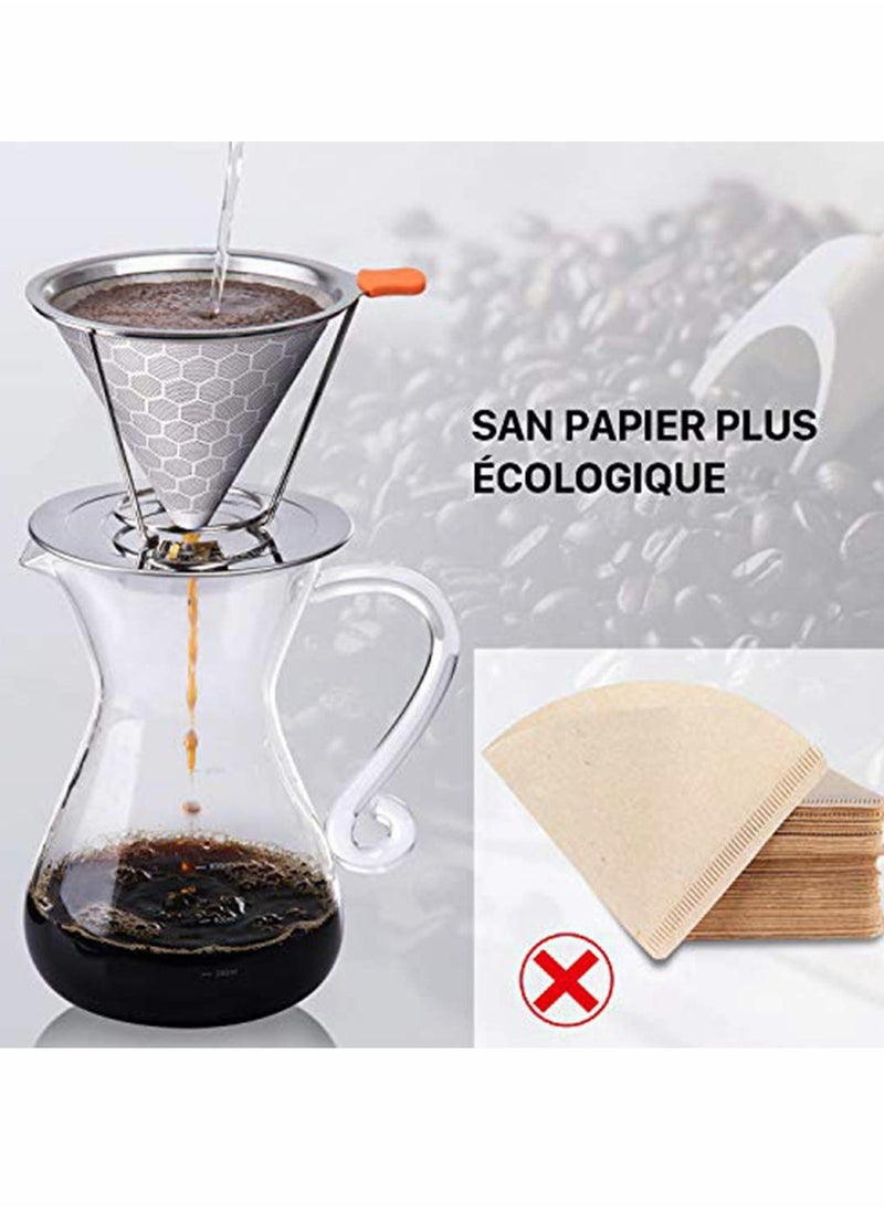 Cozy Pour Over Coffee Filter, Honeycomb Design Stainless Steel Cone Coffee Dripper, Paperless & Reusable, Permanent Pour Over Coffee Maker with Separate Stand for 1-4 Cups