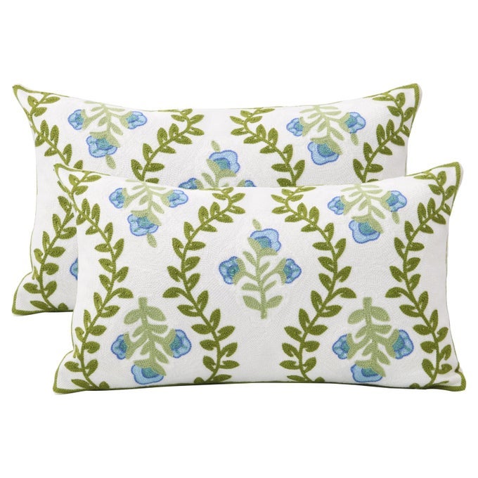SET OF 2 EMBROIDERED DECORATIVE THROW PILLOW COVERS COUCH SQUARE PILLOWCASES CUSHION FOR BEDROOM SOFA FARMHOUSE DECOR 12X20 INCH BLUE FLORALLUMBAR