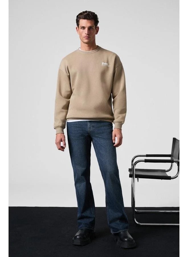 GRIMELANGE Ernest Men's Organic Cotton Ultra-Soft Printed Detail Crew Neck Lined Beige Sweatshirt.