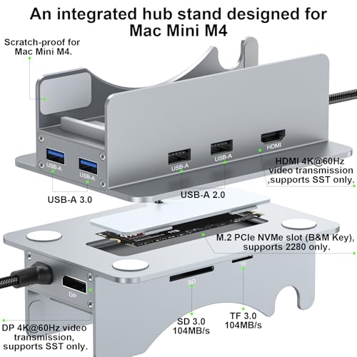 Reborn Mac mini M4 Dock & Stand with NVMe SSD Enclosure, Mac Mini M4 Hub with 4K60Hz HDMI, 4K60Hz DP, 5G USB A*2, USB A 2.0*2, TF/SD Card Reader 9-in-1 USB Hub for Mac mini M4,Mac mini M4 Pro - Silver - Image 2