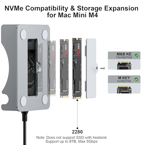 Reborn Mac mini M4 Dock & Stand with NVMe SSD Enclosure, Mac Mini M4 Hub with 4K60Hz HDMI, 4K60Hz DP, 5G USB A*2, USB A 2.0*2, TF/SD Card Reader 9-in-1 USB Hub for Mac mini M4,Mac mini M4 Pro - Silver - Image 3