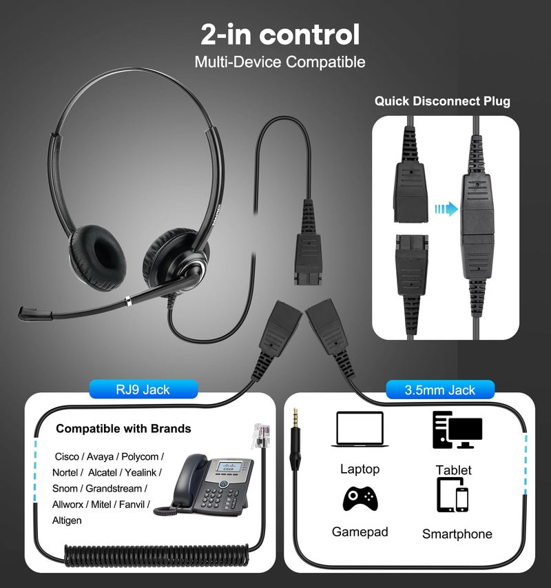 MAIRDI Telephone Headset for Cisco Phone, with RJ9 & 3.5mm Jack for Landline Deskphone Cell Phone PC Laptop, Call Center Headset with Microphone for Office, Work for Cisco 7941 7861 8811 - Image 2