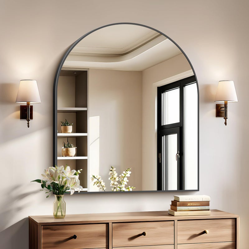 COFENY Black Arch Mirror, 30â€™â€™x36â€™â€™ Black Mirror for Bathroom, Wide Arched Bathroom Mirror with Metal Wall Mounted Mirror for Bedroom Living Room Entryway Modern - Image 1