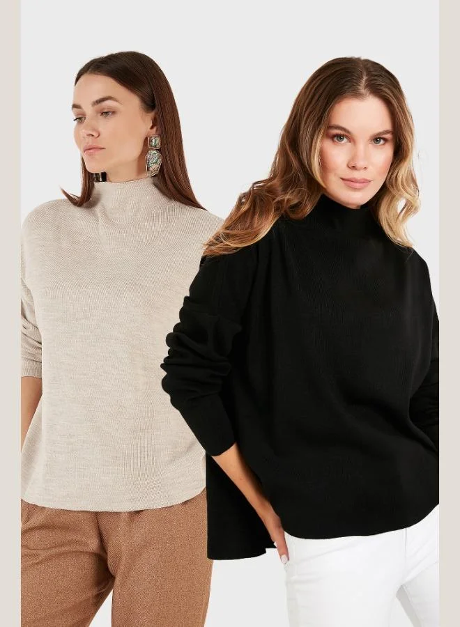 Lela Lela Cotton Long Back Standing Collar 2-Pack Knitwear Sweater Women's SWEATER 4615002S2