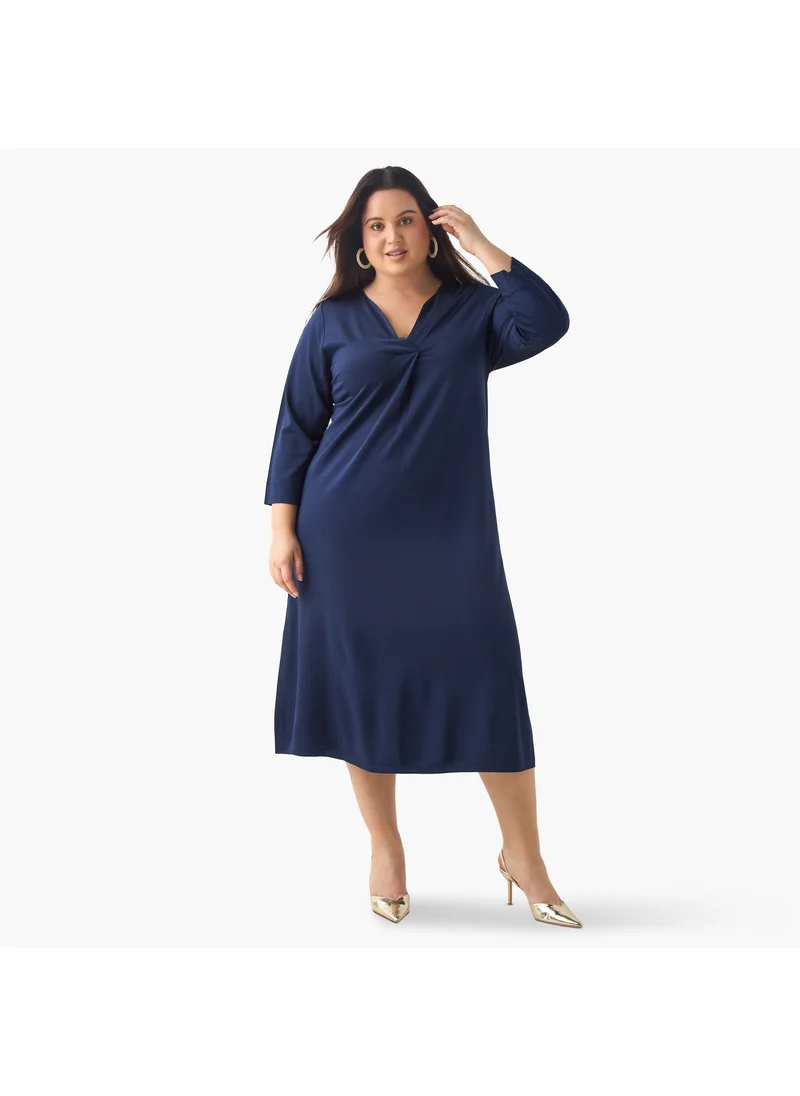 Ulla Popken Plus Size Ulla Popken V-Neck Midi Dress with 3/4 Sleeves and Slit Detail