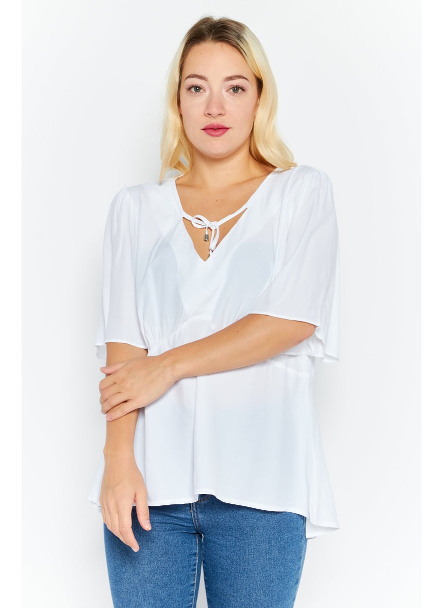 Women Tie Neck Short Sleeves Solid Blouse, White - pzsku/Z947459E7DA4C77F0E488Z/45/_/1724351102/29e13efb-25f1-44cd-9c64-34e938f2b5d1