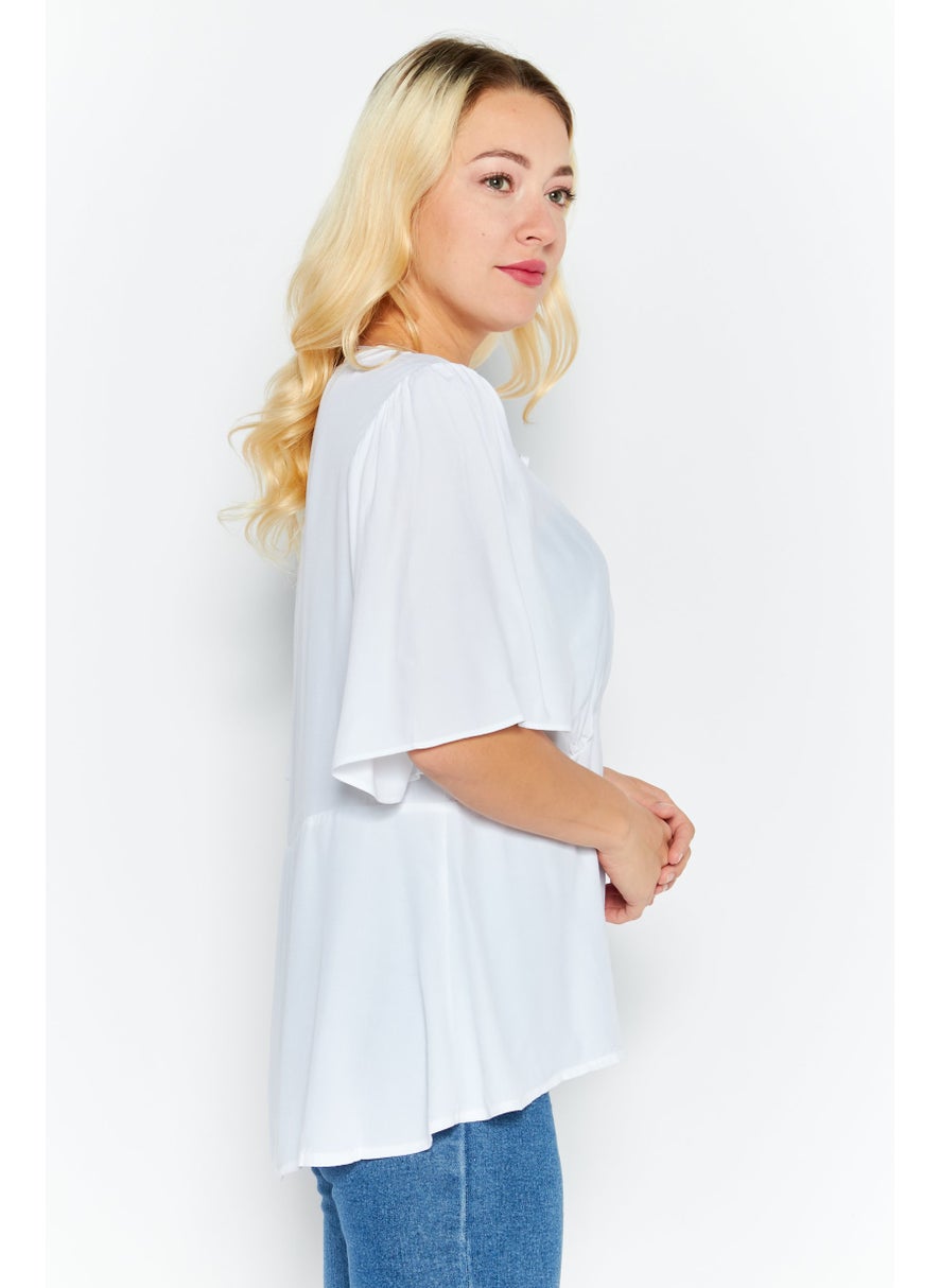 Women Tie Neck Short Sleeves Solid Blouse, White - pzsku/Z947459E7DA4C77F0E488Z/45/_/1724351107/42496f7b-c816-46bd-9823-af050250e977