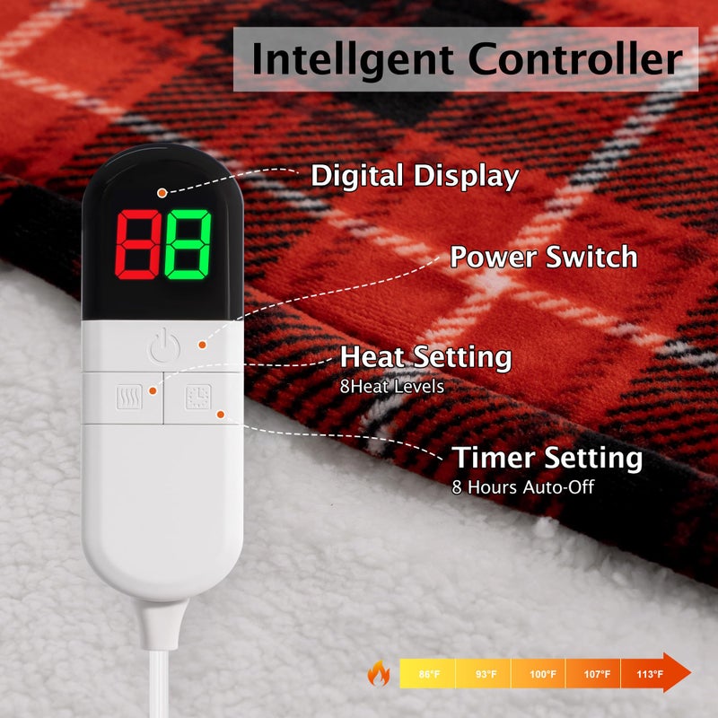 PTQ Red Christmas Electric Heated Blanket 50"x60", Fast Heated Throw with 8 Hours Auto Off/8 Heats Levels, Soft Plaid Sherpa with ETL Certification, Gifts for Adults Keep Warm in Home Office - Image 4