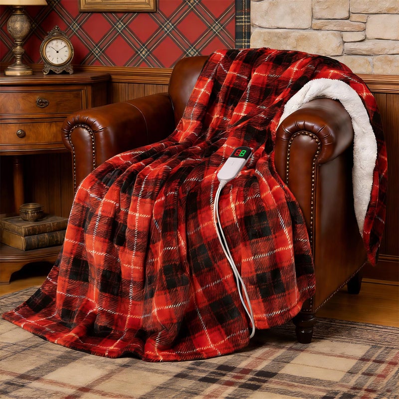 PTQ Red Christmas Electric Heated Blanket 50"x60", Fast Heated Throw with 8 Hours Auto Off/8 Heats Levels, Soft Plaid Sherpa with ETL Certification, Gifts for Adults Keep Warm in Home Office - Image 1