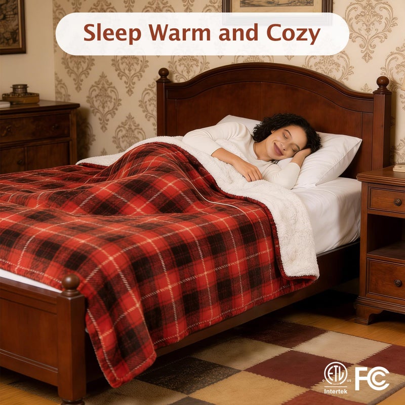 PTQ Red Christmas Electric Heated Blanket 50"x60", Fast Heated Throw with 8 Hours Auto Off/8 Heats Levels, Soft Plaid Sherpa with ETL Certification, Gifts for Adults Keep Warm in Home Office - Image 3