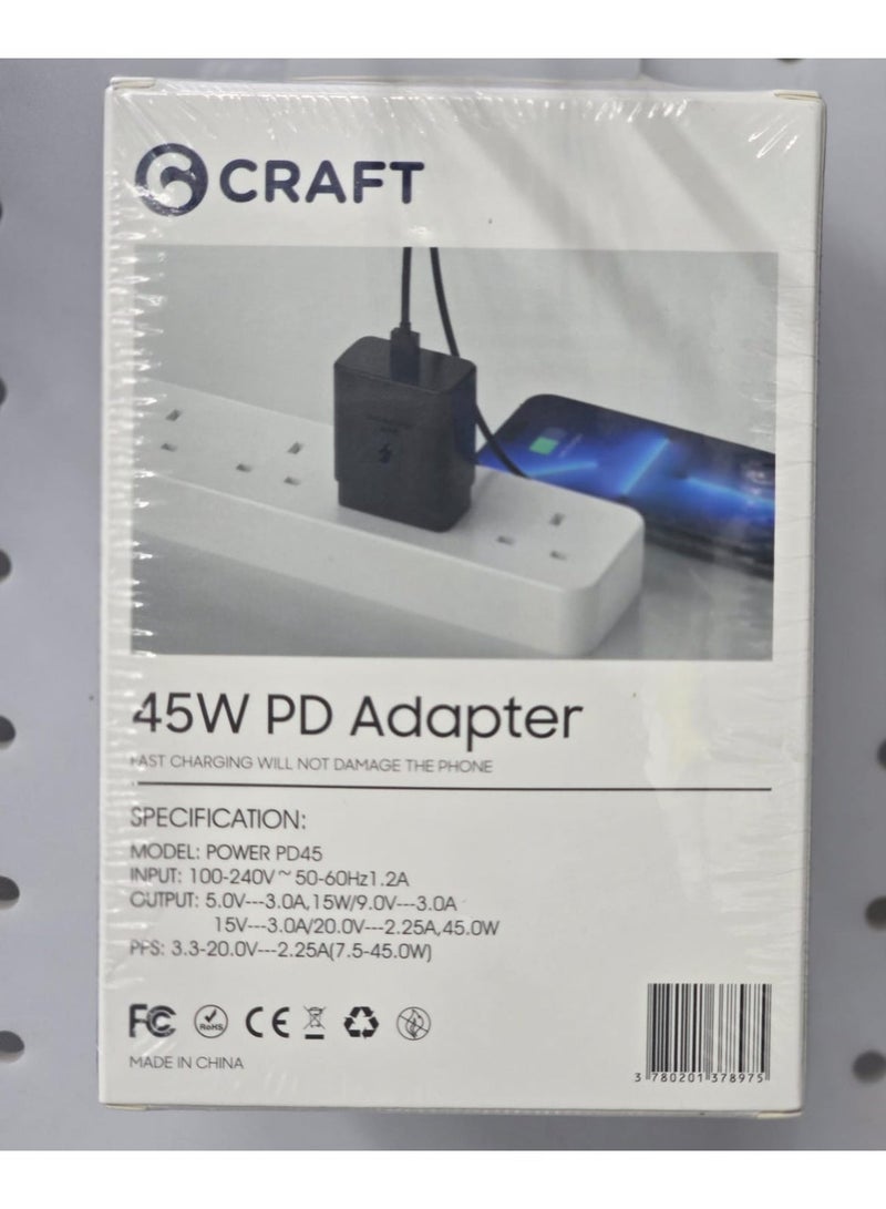 كرافت شاحن CRAFT-PD بقوة 45 واط USB C للشحن السريع PD - متوافق مع S24 S23 S22 S21 S20 Ultra، S24+ S23+ S22+ S21+، A53، A15، A55، A54 - محول طاقة من نوع C - Image 2