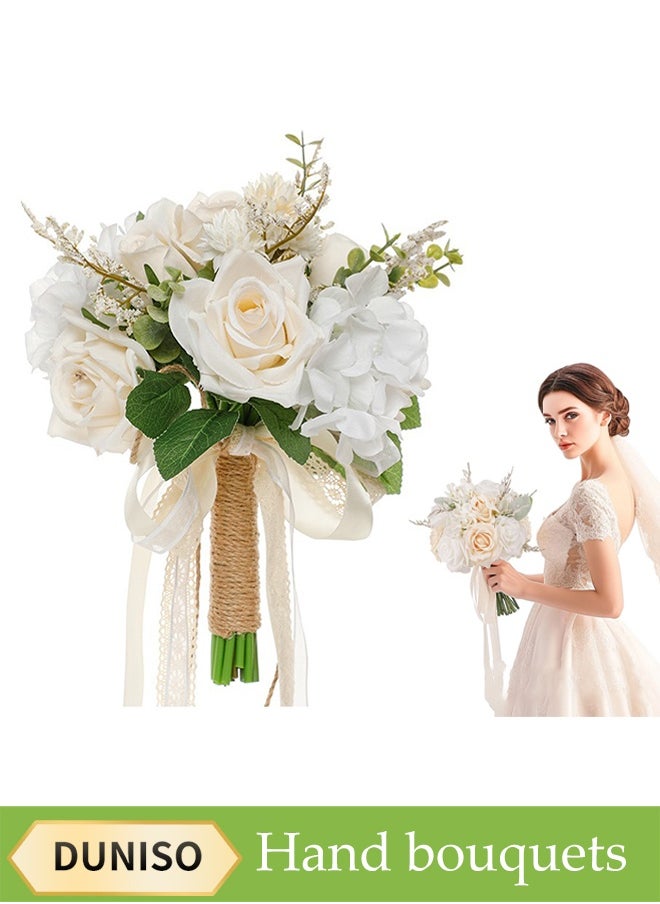 DUNISO Bridal Bouquets, Wedding Bouquets, Suitable For Brides, Bridesmaids, White Champagne Artificial Roses, Suitable For Wedding Church Decoration, Photography, Artificial Flowers  - Image 1
