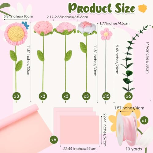 FineCheer 27 Pcs Crochet Flower Bouquet Gifts for Mother's Day, Handmade Knitted Crochet Flower Bouquet with Roses Sunflowers Daisies for Mom Mother(Gorgeous,Pink Series) - Image 2