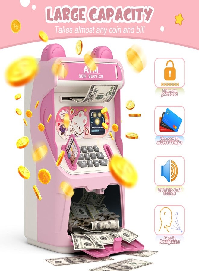 summidate Rabbit ATM Piggy Bank for Girls with Automatic Bill Roller, Electronic Coin Bank with Simulated Card Slot & Facial Recognition, ATM Money Saving Box with Music Function for Kids(Pink) - Image 5