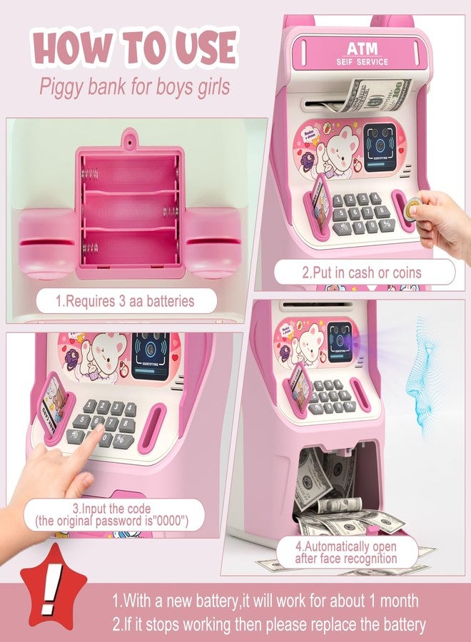 summidate Rabbit ATM Piggy Bank for Girls with Automatic Bill Roller, Electronic Coin Bank with Simulated Card Slot & Facial Recognition, ATM Money Saving Box with Music Function for Kids(Pink) - Image 4