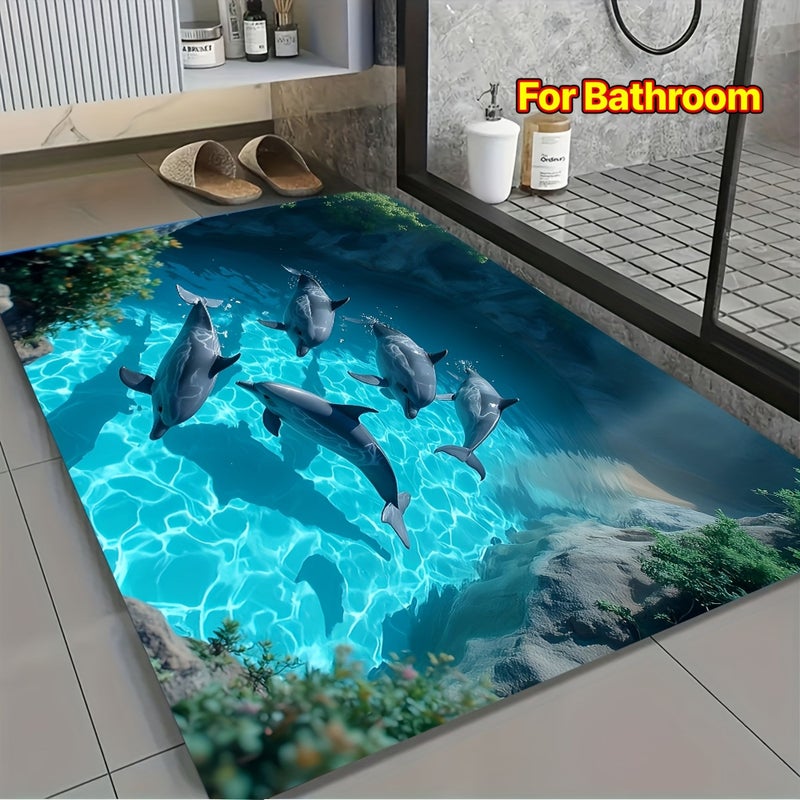 Dolphin Bay Ocean Themed Bathroom Non Slip Mat 15.7x23.6 Inches Durable Water Absorbent Diving Dolphins Blue Waves Design For Shower Bathtub Bathroom - Image 1
