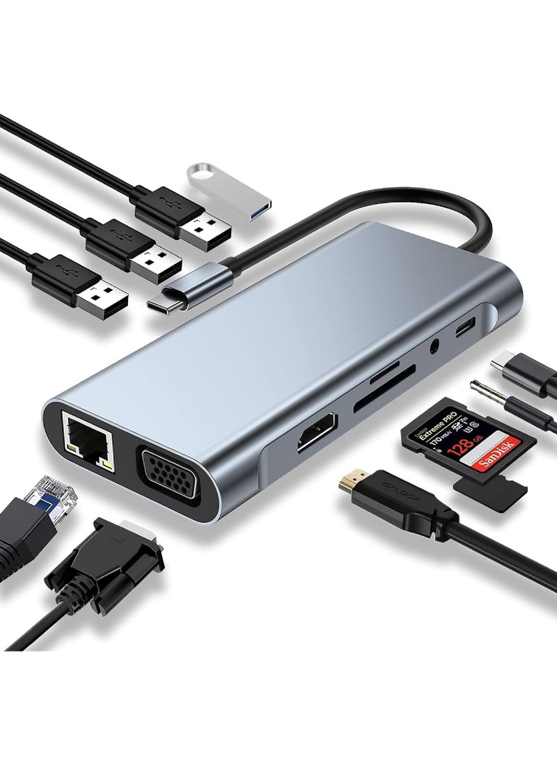 Rock Pow - USB C HUB USB C Adapter 11 in 1 Dongle with 4K HDMI VGA Type C PD USB3.0 RJ45 Ethernet SD/TF Card Reader 3.5mm AUX Docking Station Compatible with MacBook Pro/Air Other Type C Laptops Devices - Image 1
