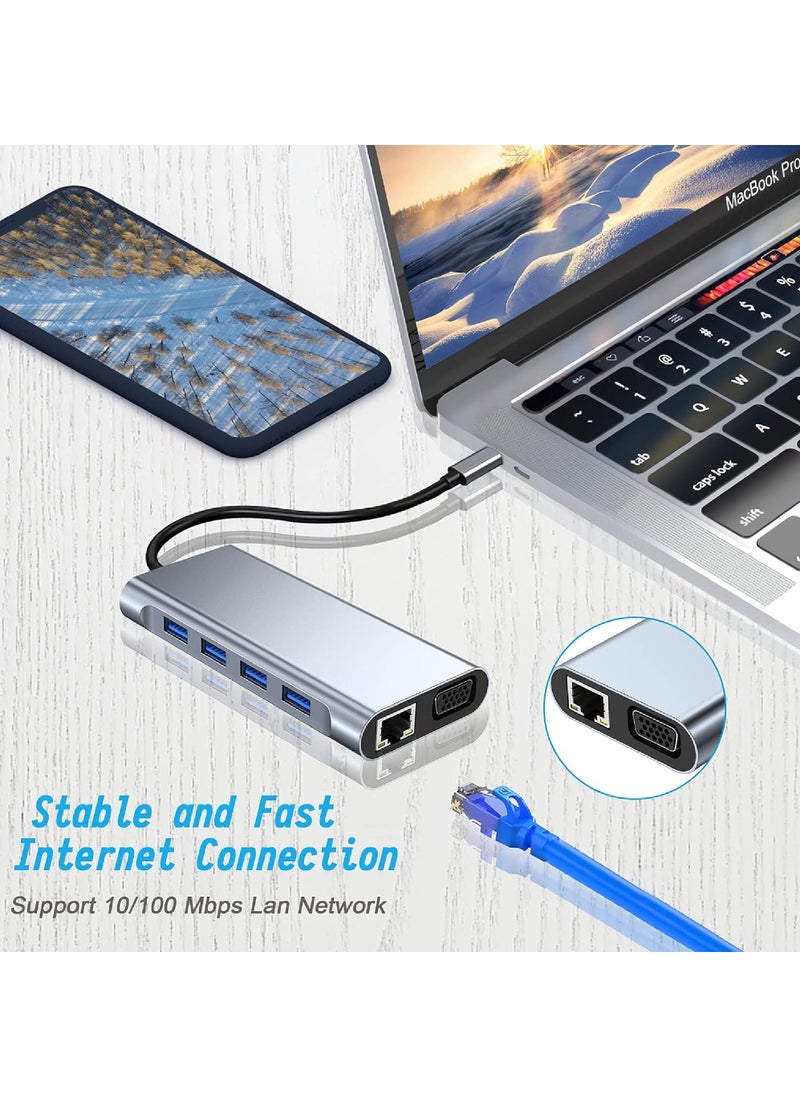 Rock Pow - USB C HUB USB C Adapter 11 in 1 Dongle with 4K HDMI VGA Type C PD USB3.0 RJ45 Ethernet SD/TF Card Reader 3.5mm AUX Docking Station Compatible with MacBook Pro/Air Other Type C Laptops Devices - Image 1