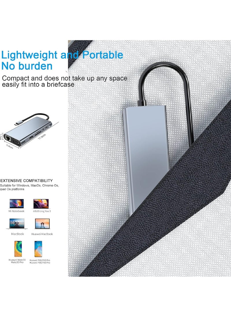 Rock Pow - USB C HUB USB C Adapter 11 in 1 Dongle with 4K HDMI VGA Type C PD USB3.0 RJ45 Ethernet SD/TF Card Reader 3.5mm AUX Docking Station Compatible with MacBook Pro/Air Other Type C Laptops Devices - Image 1