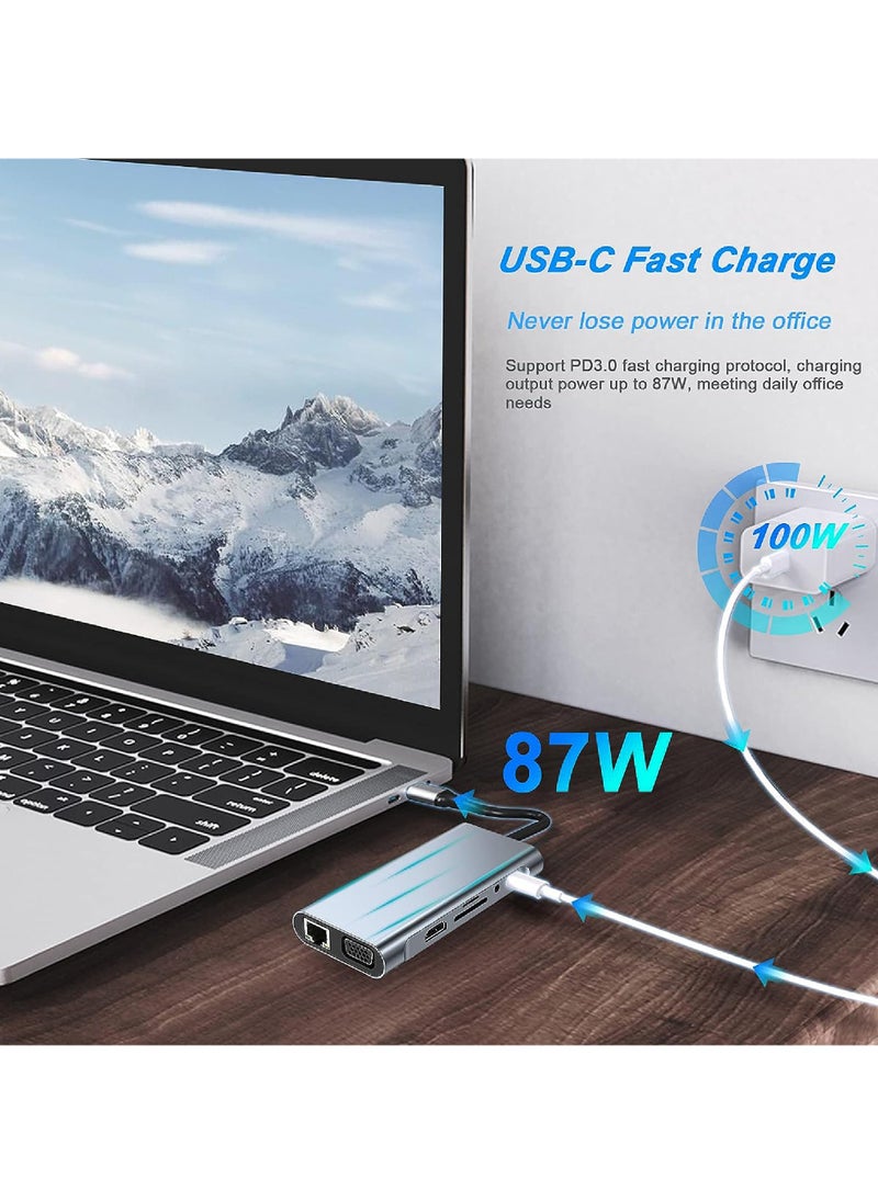Rock Pow - USB C HUB USB C Adapter 11 in 1 Dongle with 4K HDMI VGA Type C PD USB3.0 RJ45 Ethernet SD/TF Card Reader 3.5mm AUX Docking Station Compatible with MacBook Pro/Air Other Type C Laptops Devices - Image 1