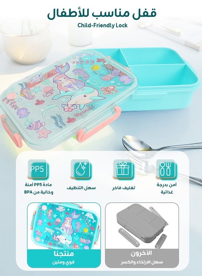 أوميني علبة غداء للأطفال – علبة بنتو كرتونية بثلاثة أقسام – مانعة للتسرب وآمنة للطعام – تصميم رائع لحورية البحر والمحيط – مزودة بعلبة تغليف أنيقة – حافظة غداء مدرسية للبنات - Image 4