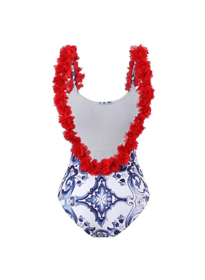 Loquat Longqi 2023 European And American Two-piece Swimsuit Blue And White Porcelain Printed Red Petal Hip Skirt One-piece Swimsuit For Women-Color:Hip Dress- - Image 5