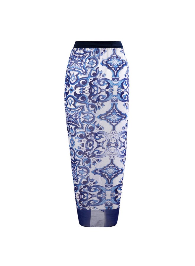 Loquat Longqi 2023 European And American Two-piece Swimsuit Blue And White Porcelain Printed Red Petal Hip Skirt One-piece Swimsuit For Women-Color:Hip Dress- - Image 4