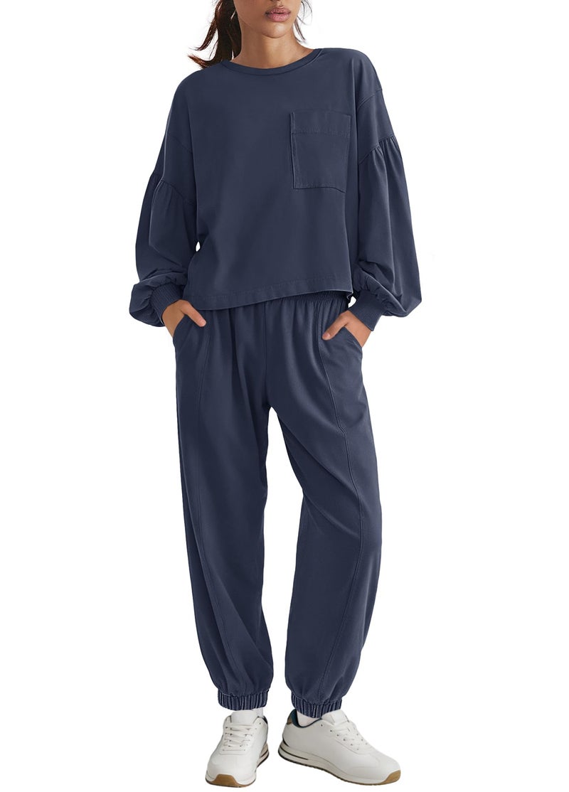 Yanekop Womens Lounge Sets 2 Piece Outfits Matching Workout Sets Athleisure Jogger Sets Tracksuit with Pockets(Navy Blue,S) - Image 1