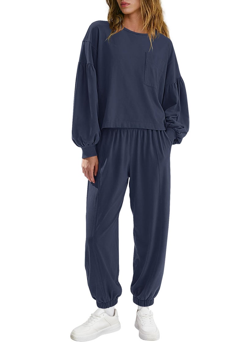 Yanekop Womens Lounge Sets 2 Piece Outfits Matching Workout Sets Athleisure Jogger Sets Tracksuit with Pockets(Navy Blue,S) - Image 2