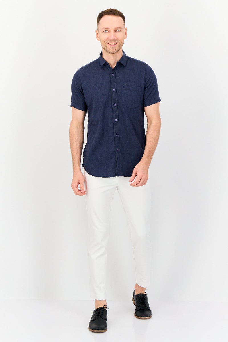 Kenneth Cole Men Regular Fit Embroidered Logo Short Sleeve Casual Shirt, Navy  - Image 4