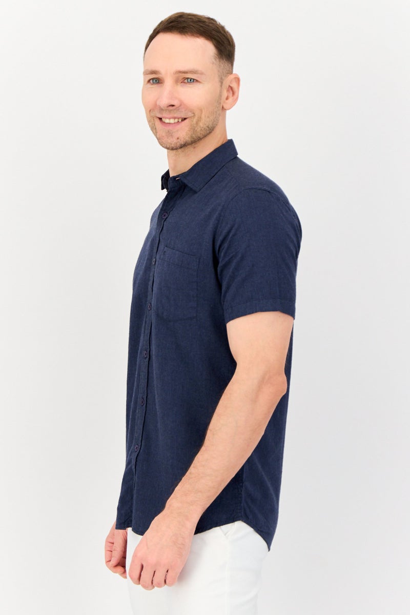 Kenneth Cole Men Regular Fit Embroidered Logo Short Sleeve Casual Shirt, Navy  - Image 2