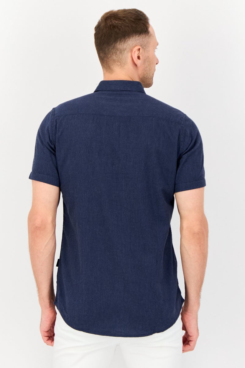 Kenneth Cole Men Regular Fit Embroidered Logo Short Sleeve Casual Shirt, Navy  - Image 3